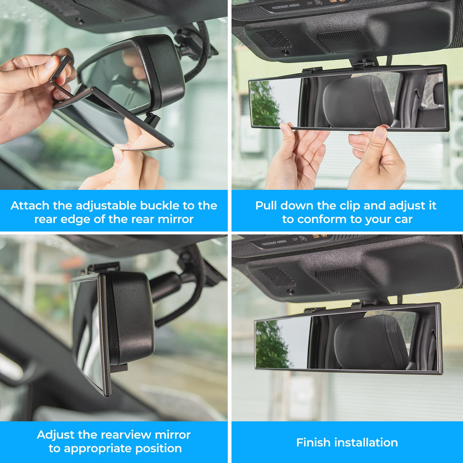 Rear View Mirror, Universal 11.81 Inch Panoramic Convex Interior Clip-on Wide Angle Mirror-Clear