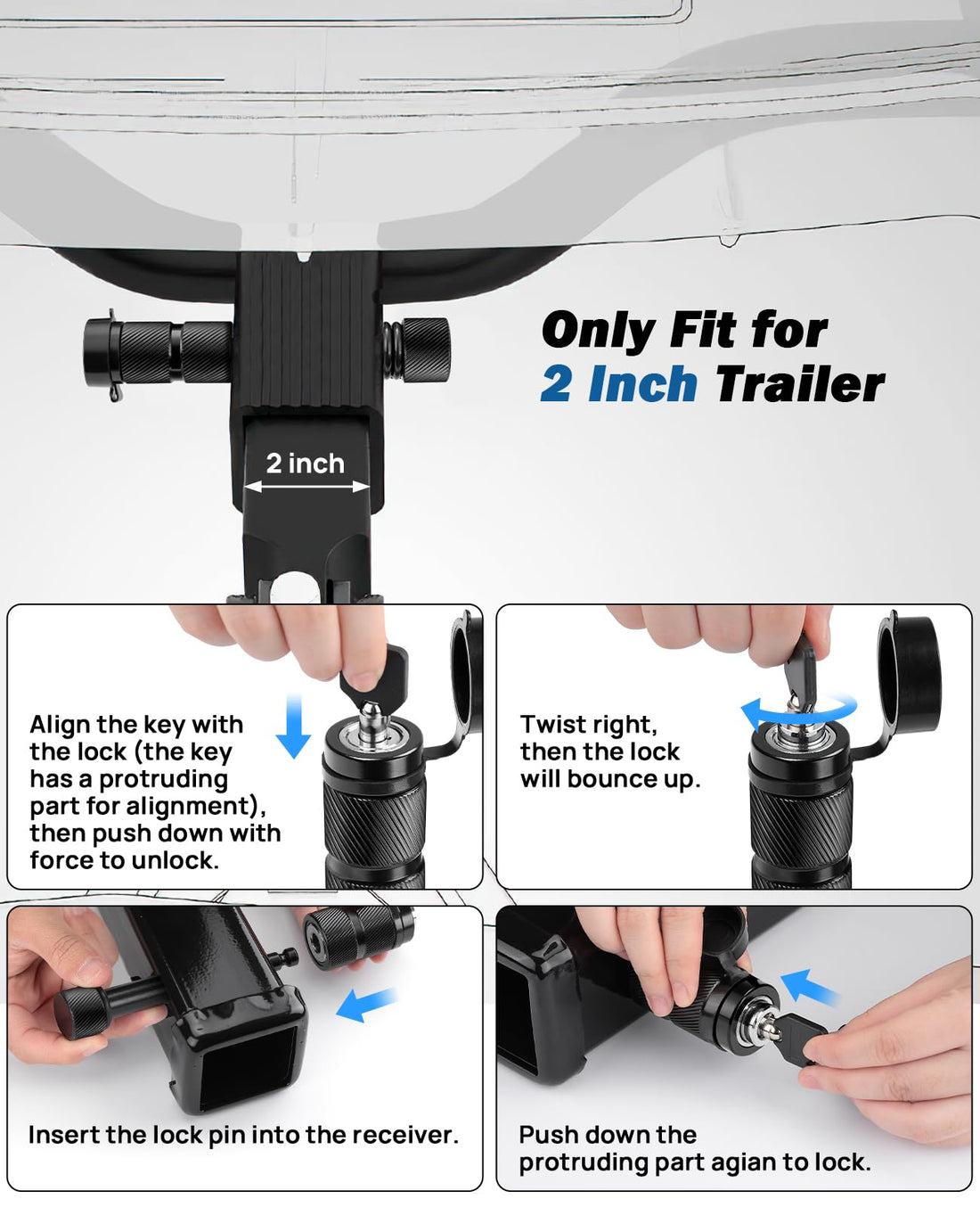 JOYTUTUS Trailer Hitch Lock, with 5/8'' Dia 2-3/4'' Long Pin, Fits 2 Inch Class III-IV Receiver