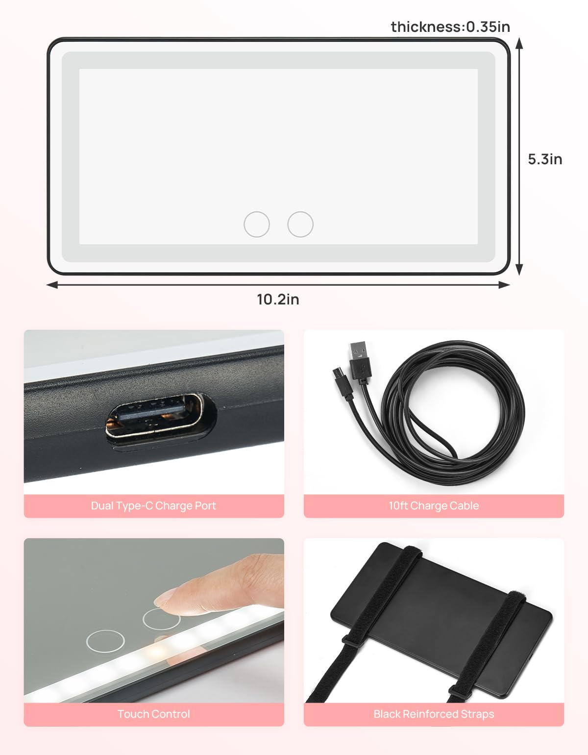 Car Sun Visor Vanity Mirror with Lights, Rechargeable 60 LED