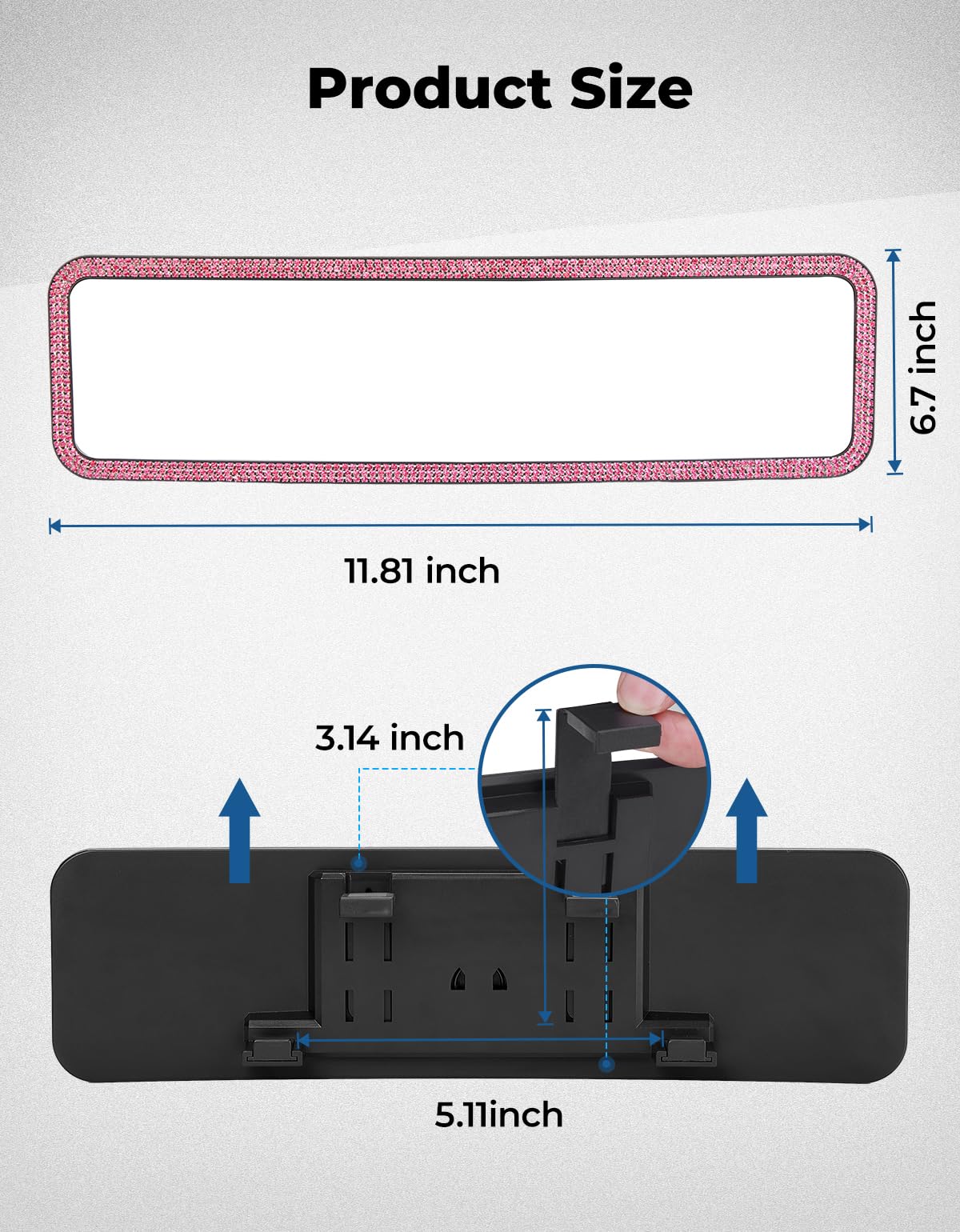 JOYTUTUS Bling Car Rear View Mirror, Universal 11.81 Inch Panoramic Rearview Mirror Accessories -Pink