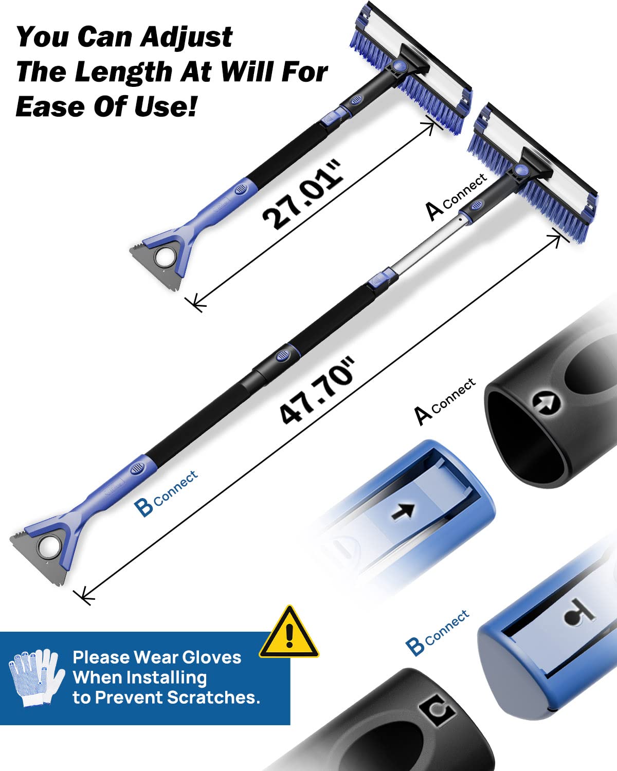 Extendable Snow Brush and Ice Scraper, 270° Pivoting Snow Scraper Brush for Car Windshield