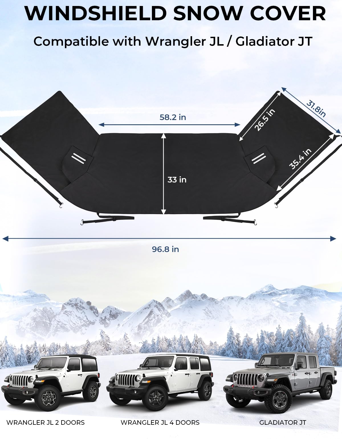 Windshield Snow Cover Fit for Wrangler JL Gladiator JT, with Side Mirror Covers for All Weather