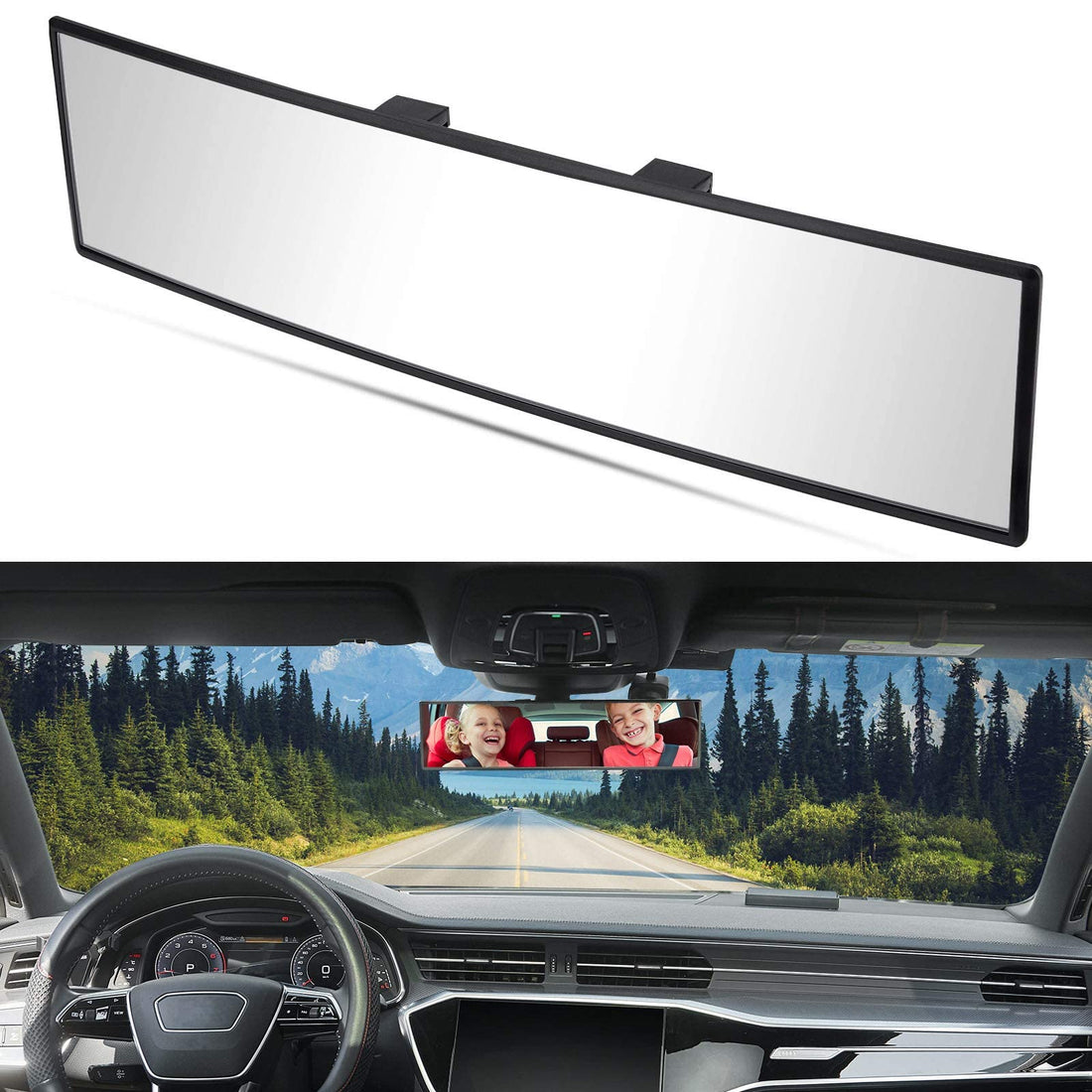 Rear View Mirror, Universal 11.81 Inch Panoramic Convex Interior Clip-on Wide Angle Mirror-Clear