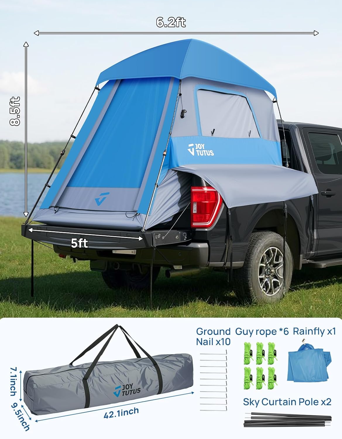 Truck Tent for 5'5" - 6'5" Truck Bed, Automatic Instant Setup Truck Camping Tent for 2 Person
