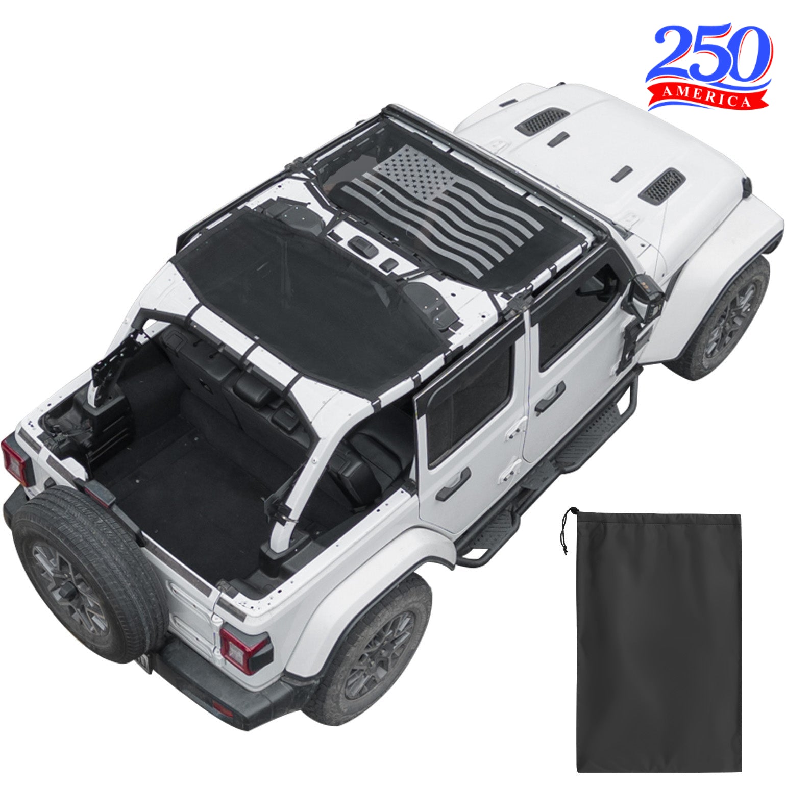 Jeep Wrangler JLU 4-Door (2018–2026) Mesh Sun Shade Top – Full Coverage, US Flag
