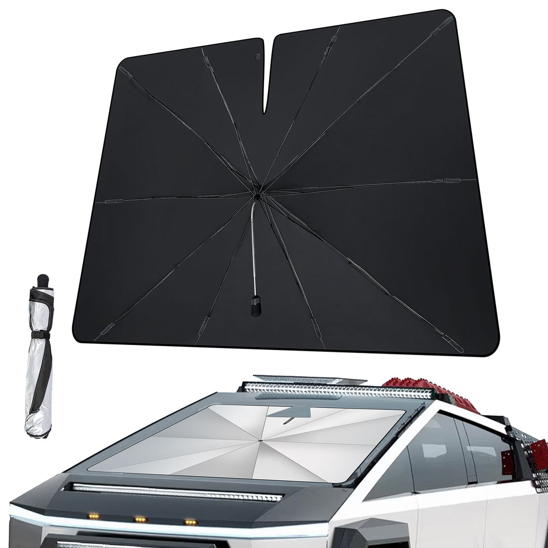 Windshield Sunshade Umbrella for Tesla Cybertruck, Automotive Interior Sun Protection Umbrella Cover, 5 Layers UV Block Coating, Front Window Heat Insulation Protection, 54''x 60''x 70''