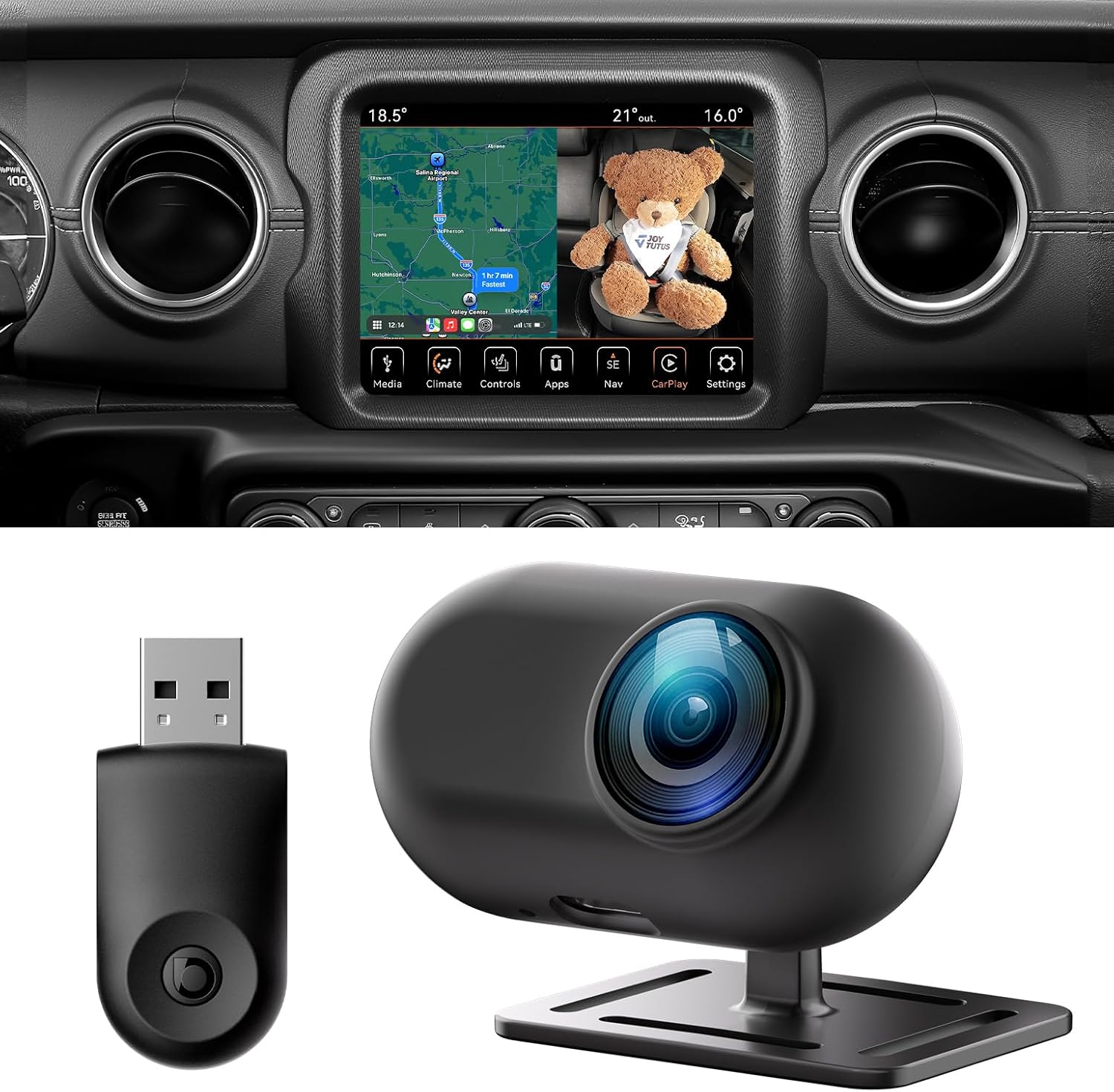 JOYTUTUS Baby Car Camera with Wireless CarPlay Adapter, Baby Car Monitor 4 Viewing Modes, Rear Seat Monitor on Factory Screen, Auto Reconnect, 150° Wide Angle, Compatible with iPhone iOS 10+