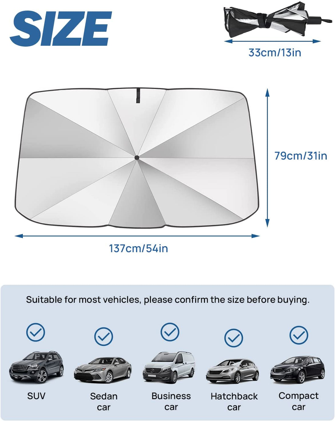 Car Windshield Sunshade Umbrella,Universal, 360° Rotation Bendable Shaft Foldable (54''x 31'')