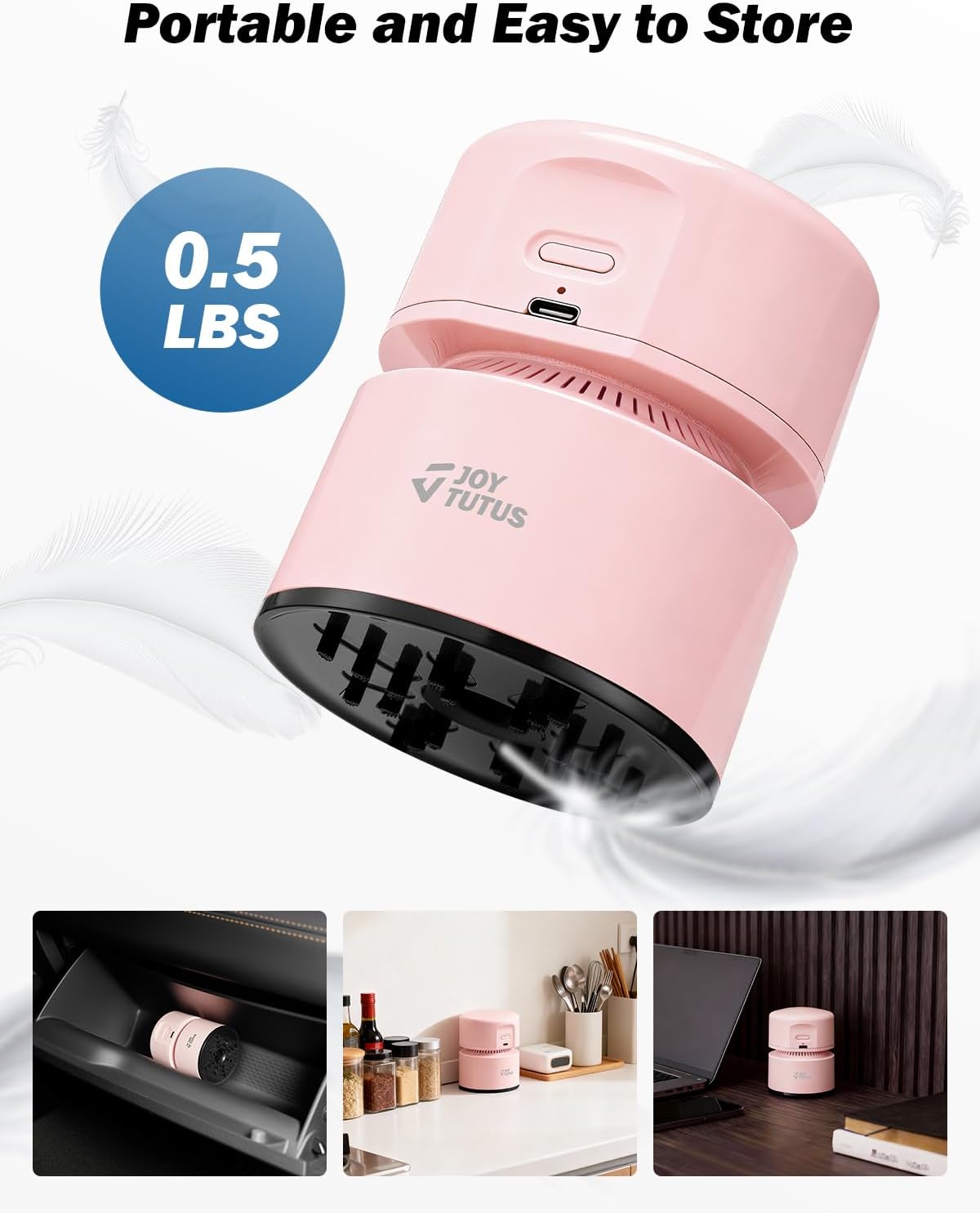 JOYTUTUS Mini Vacuum Cleaner Car Vacuum Portable Cordless 360º Rotatable Handheld Vacuum 2 Suction Modes USB for Car/Home/Pet Hair/Office/Desk/Keyboards Pink