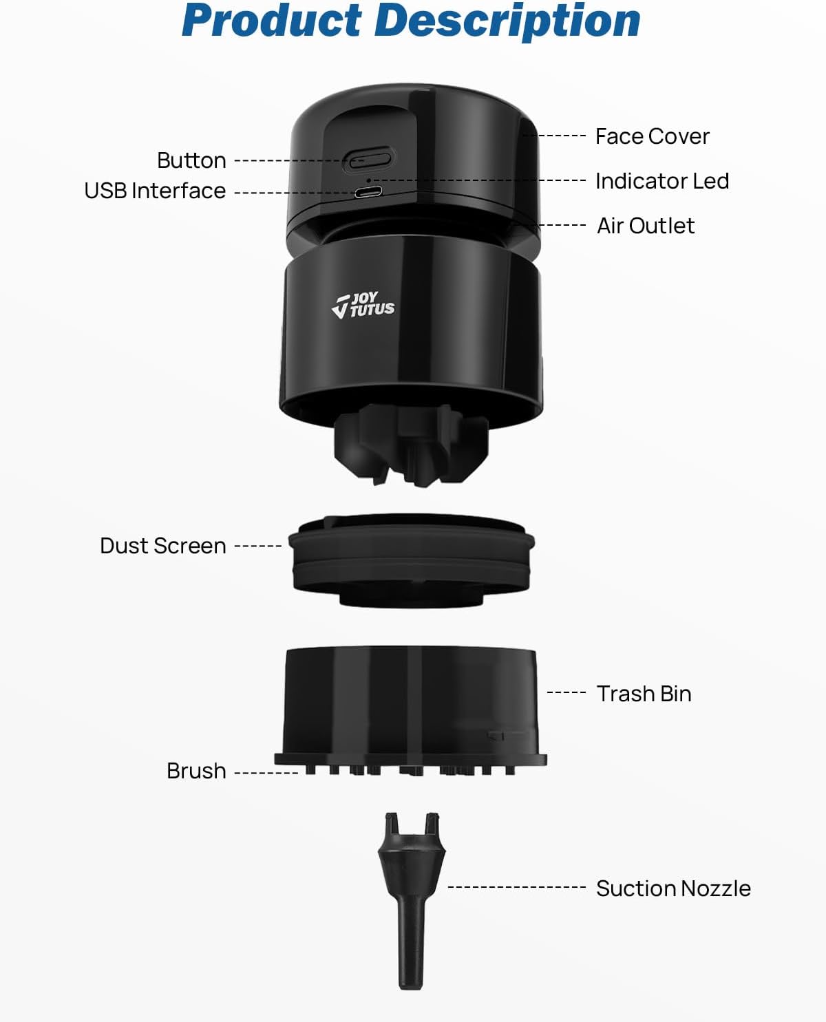 JOYTUTUS Mini Vacuum Cleaner Car Vacuum Portable Cordless 360º Rotatable Handheld Vacuum 2 Suction Modes USB for Car/Home/Pet Hair/Office/Desk/Keyboards Black