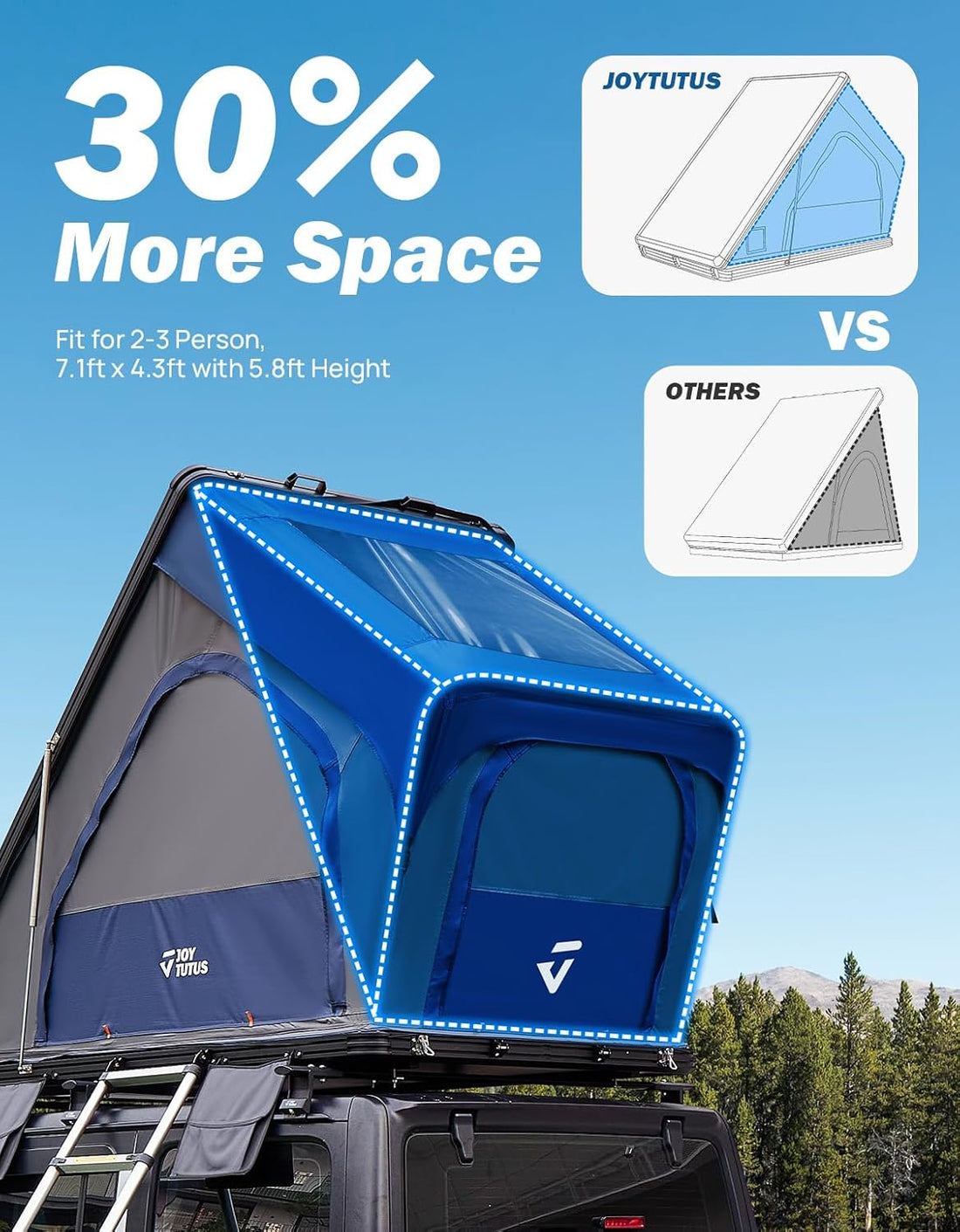 JOYTUTUS Rooftop Tent Hard Shell, Overland Aluminium Roof Top Tent with Rainfly Larger Space, LED Strip Light & Skyview Window, 2" Thick Mattress, for Car SUV Truck Camping, 2-3 People