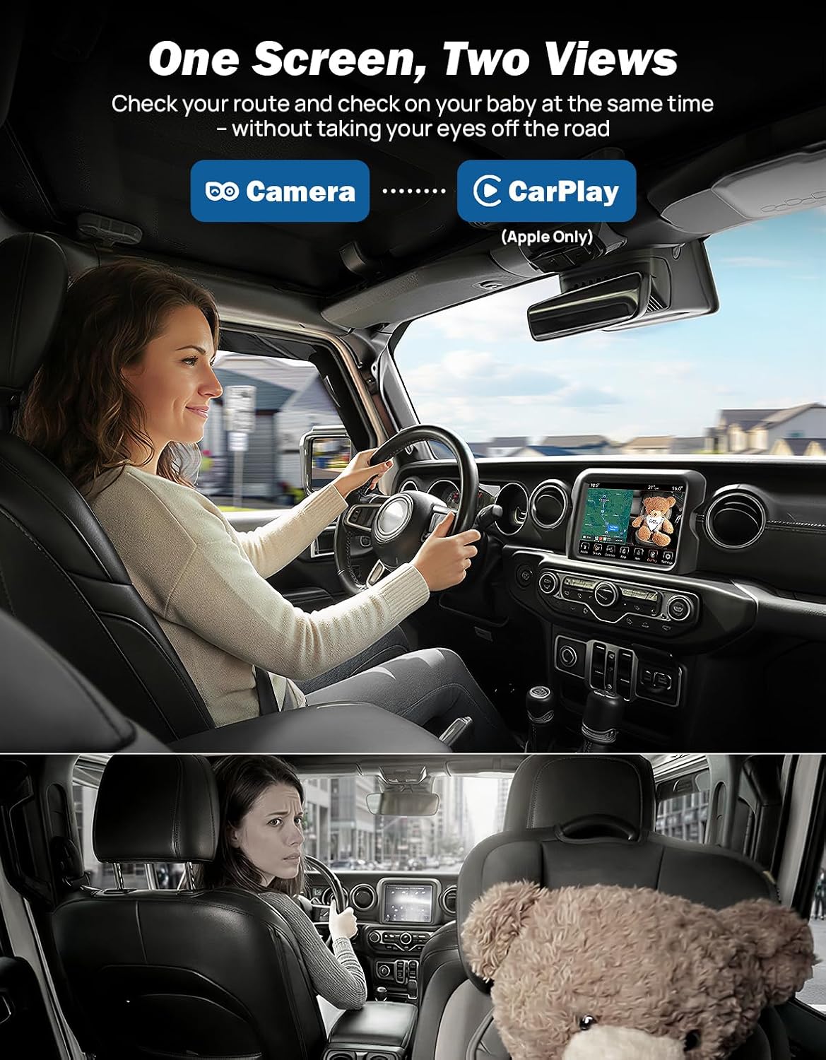 JOYTUTUS Baby Car Camera with Wireless CarPlay Adapter, Baby Car Monitor 4 Viewing Modes, Rear Seat Monitor on Factory Screen, Auto Reconnect, 150° Wide Angle, Compatible with iPhone iOS 10+