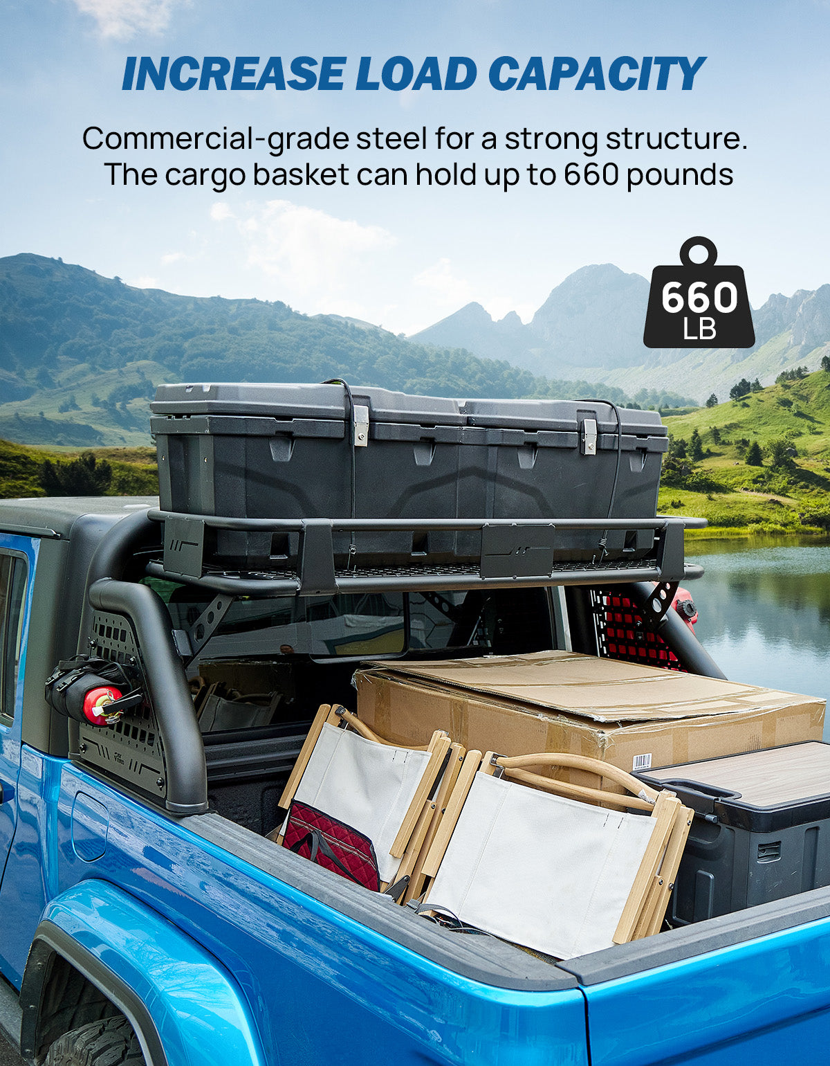 Truck Roll Bar with Cargo Basket for Gladiator JT & Tacoma – Heavy-Duty Mid-Size Truck Chase Rack