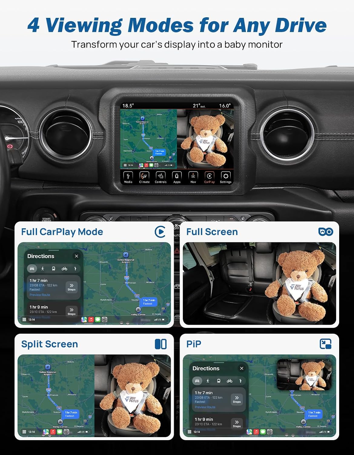 JOYTUTUS Baby Car Camera with Wireless CarPlay Adapter, Baby Car Monitor 4 Viewing Modes, Rear Seat Monitor on Factory Screen, Auto Reconnect, 150° Wide Angle, Compatible with iPhone iOS 10+