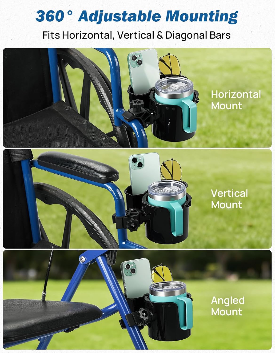 JOYTUTUS Wheelchair Cup Holder 2 Pack, 2-in-1 Walker Cup Holder with 6.4'' Storage Box, Drink Holder for Bottle with Handle, Fit for Wheelchair, Walker, Rollator, Stroller, Camper, Golf cart (Large)