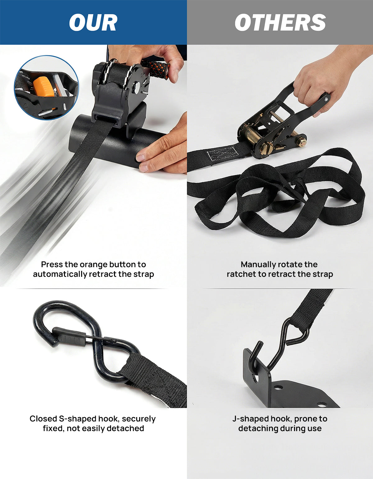 Retractable Ratchet Straps for Round Tube – 10 ft, 1,500 lb, 2-Pack