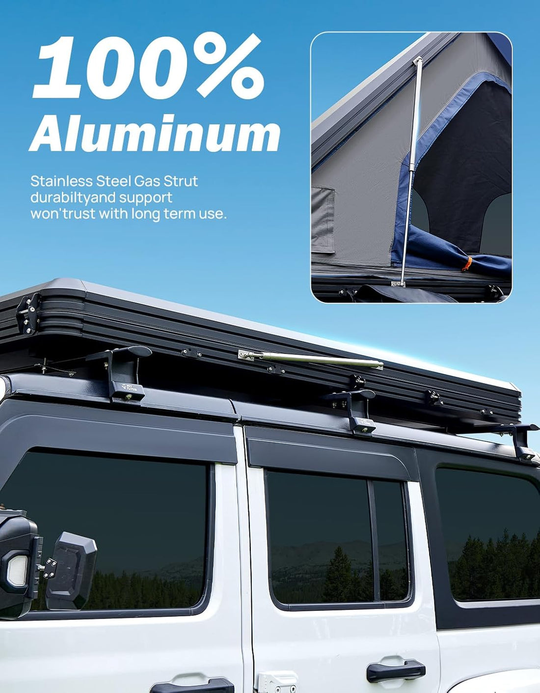 JOYTUTUS Rooftop Tent Hard Shell, Overland Aluminium Roof Top Tent with Rainfly Larger Space, LED Strip Light & Skyview Window, 2" Thick Mattress, for Car SUV Truck Camping, 2-3 People