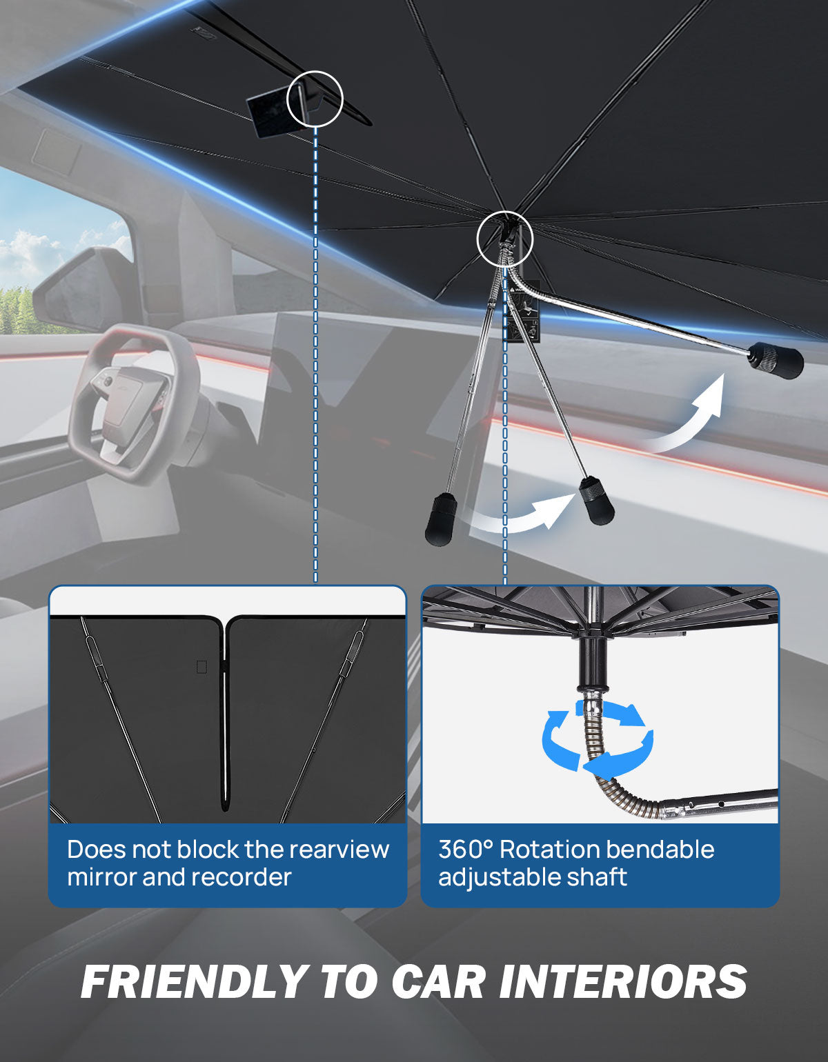 Windshield Sunshade Umbrella for Tesla Cybertruck, Automotive Interior Sun Protection Umbrella Cover, 5 Layers UV Block Coating, Front Window Heat Insulation Protection, 54''x 60''x 70''
