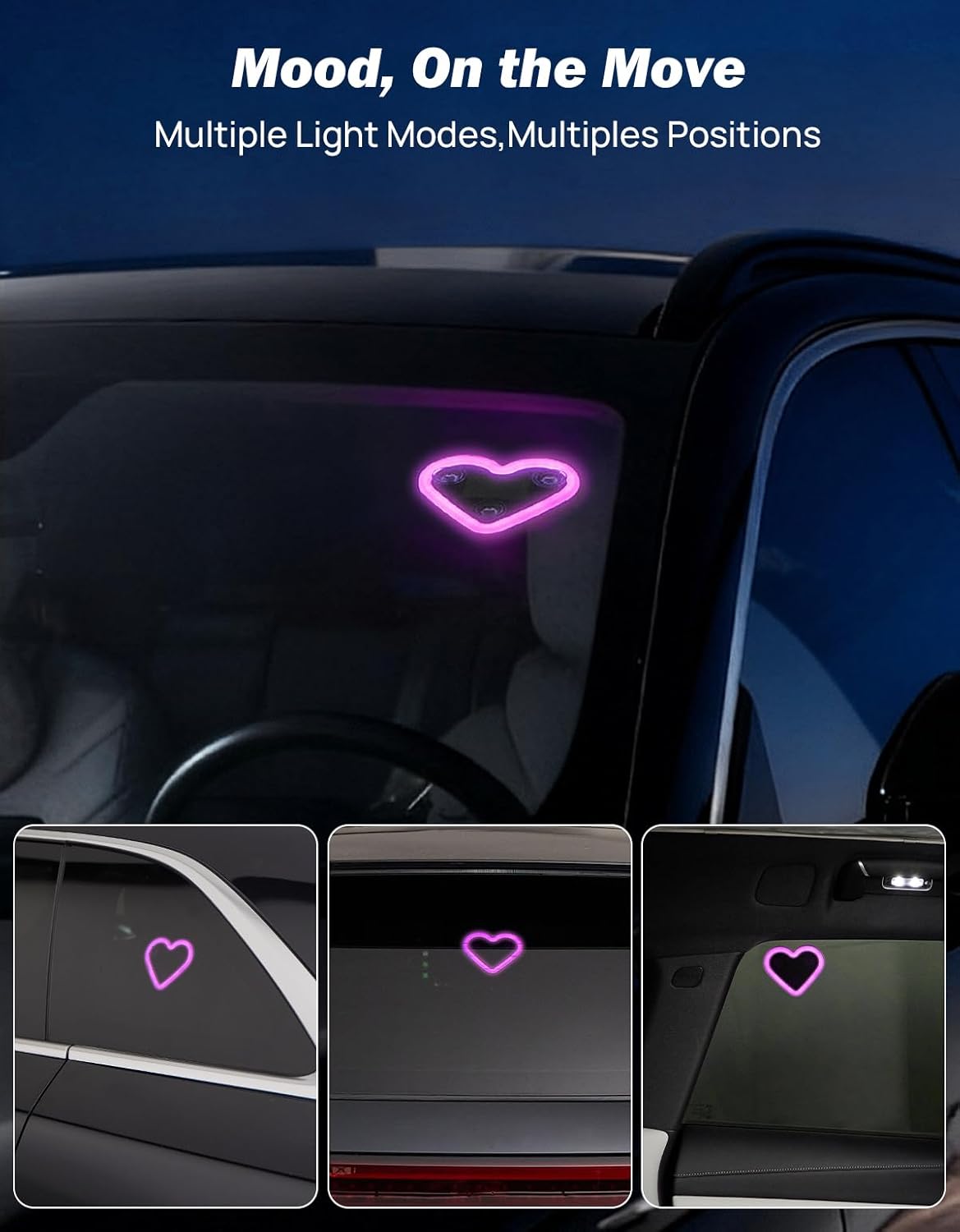 JOYTUTUS Car LED Ambient Light Solar Powered Heart Neon Light Car Led Lights Interior for Outdoor/Interior Car/Room Pink