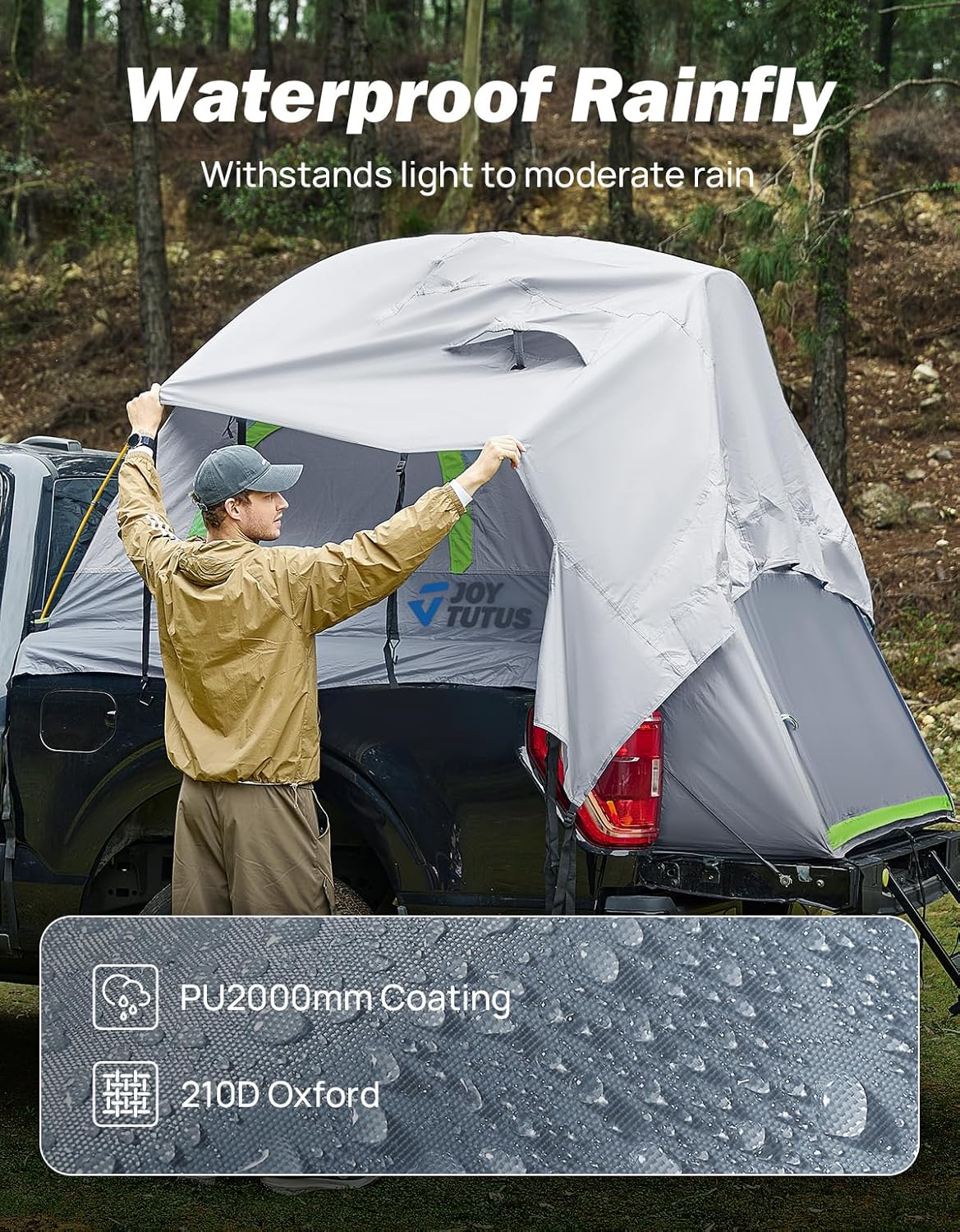 JOYTUTUS Pickup Truck Tent 6.5ft 2.0, Waterproof PU2000mm Double Layer for 2 Person, Portable Truck Bed Tent with Rainfly, Green, Aluminum Pole