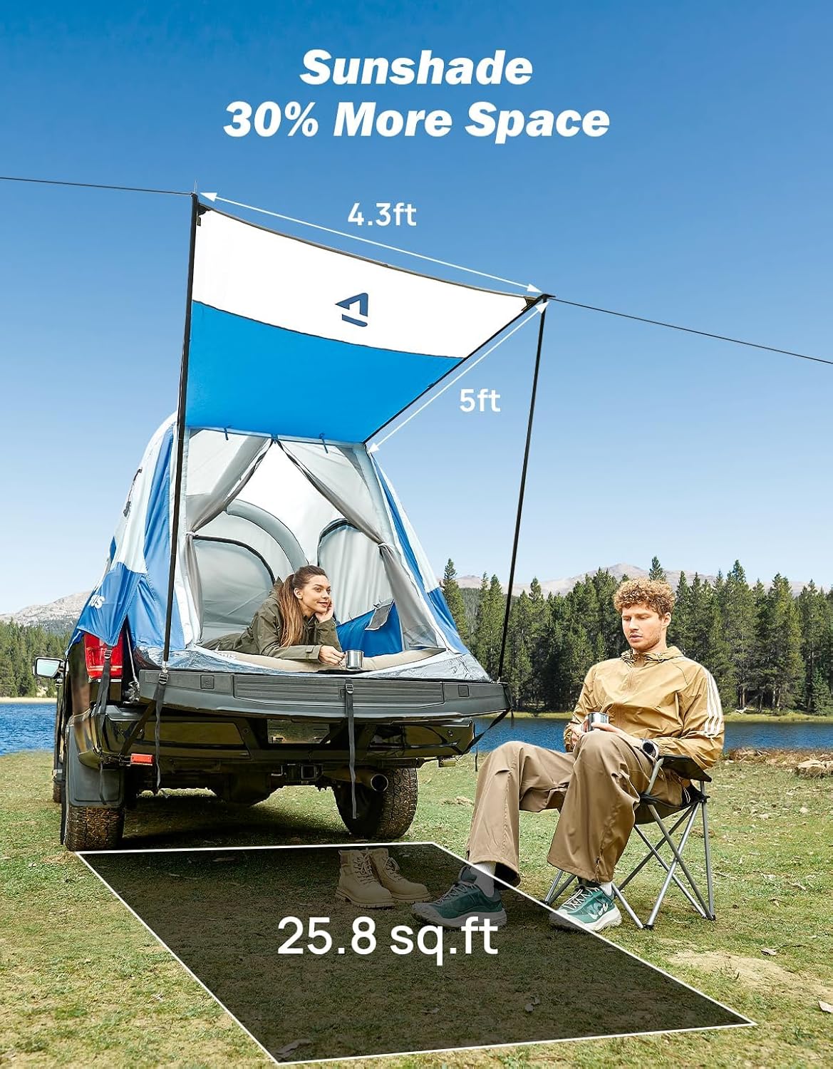 Inflatable Truck Bed Tent with Awning, 30s Quick Setup, Waterproof Roof Shade, 2-Person