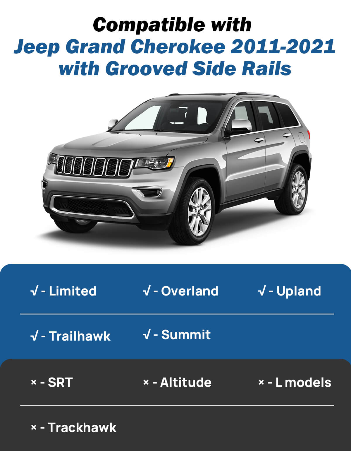 Roof Rack Cross Bars for Grand Cherokee 2011–2021 w/ Grooved Rails