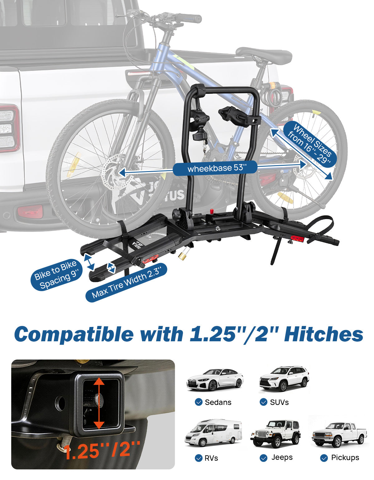 Hitch Bike Rack for 2 Bikes – 1¼" & 2" Receiver, 100 lbs Capacity