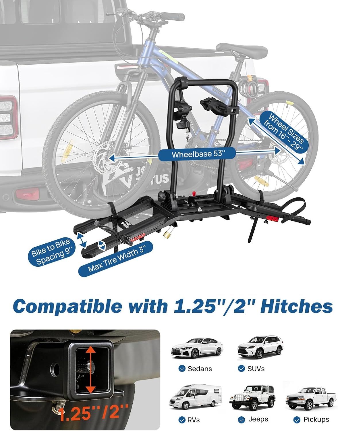 2-Bike Hitch Bike Rack for SUVs, Trucks & Cars, Folding & Tilting Platform Rack, Fits 1.25" & 2" Hitch Receivers
