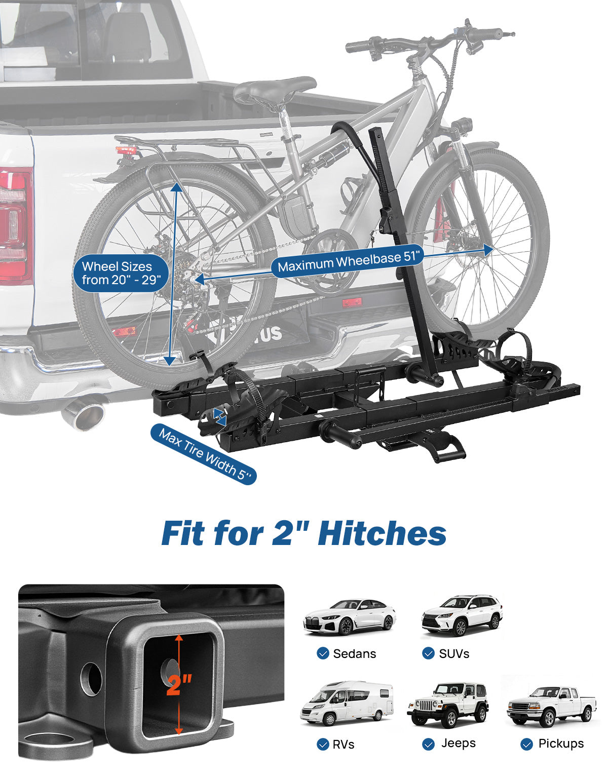 2-Bike Hitch E-Bike Rack – 200 lbs Platform Rack with Ramp for 2" Receiver
