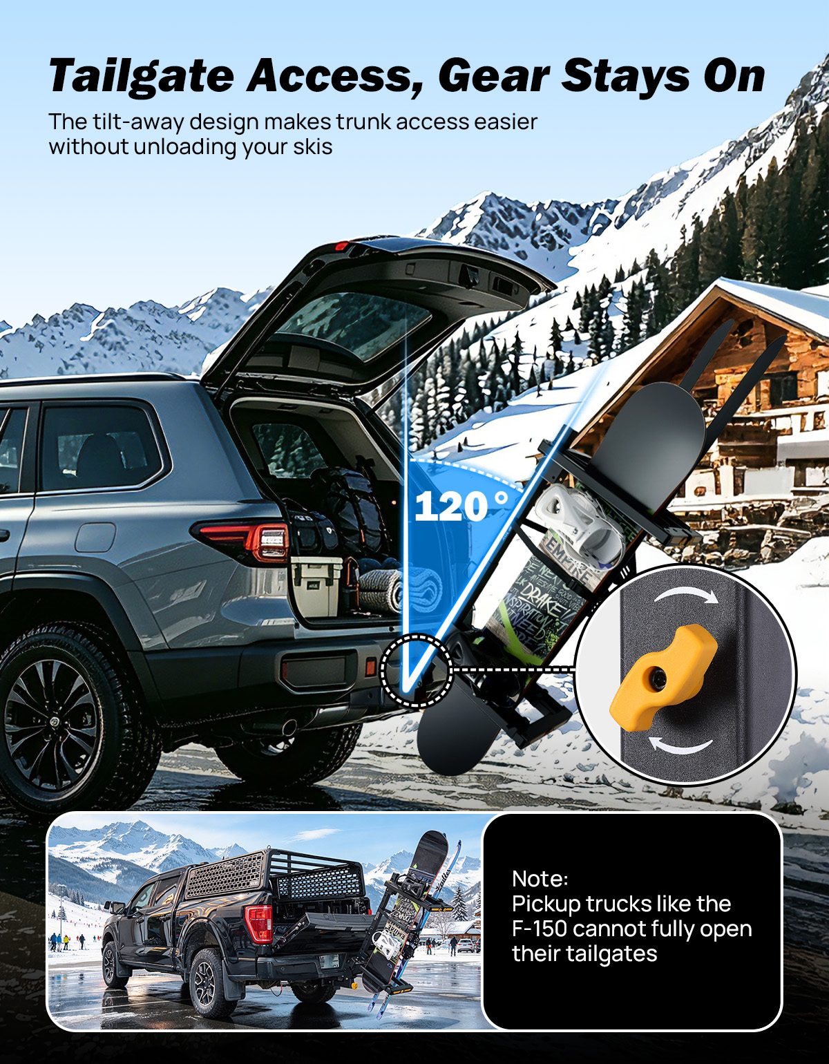 Hitch Ski & Snowboard Rack for 2" Receiver | 120° Tilt, Dual Locking, Holds 6 Pairs of Skis / 4 Snowboards