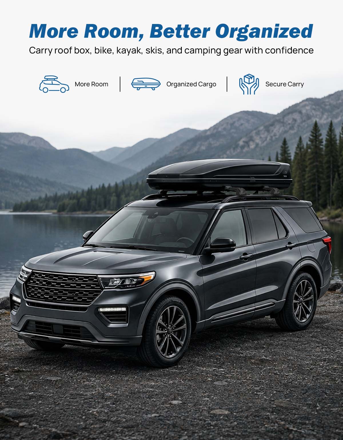 Roof Rack Cross Bars for Ford Explorer 2020–2026 | 300 lbs, Lockable Aluminum Bars with Hidden Tie-Downs