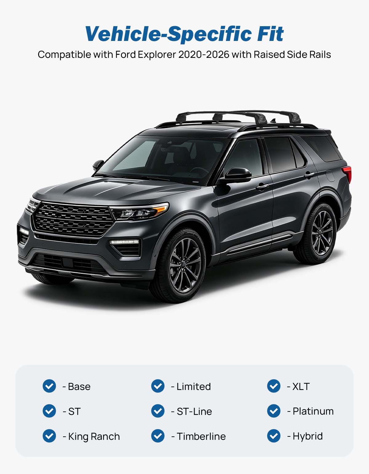 Roof Rack Cross Bars for Ford Explorer 2020–2026 | 300 lbs, Lockable Aluminum Bars with Hidden Tie-Downs