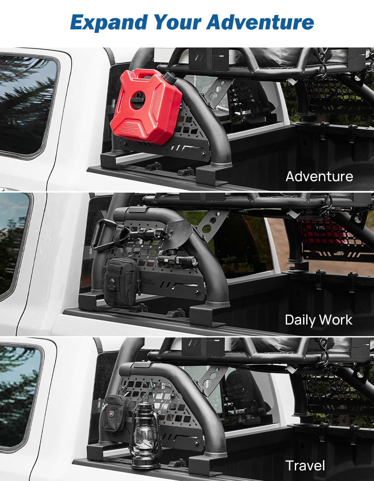 Roll Bar with Cargo Basket for Full-Size Trucks, Extendable Chase Rack