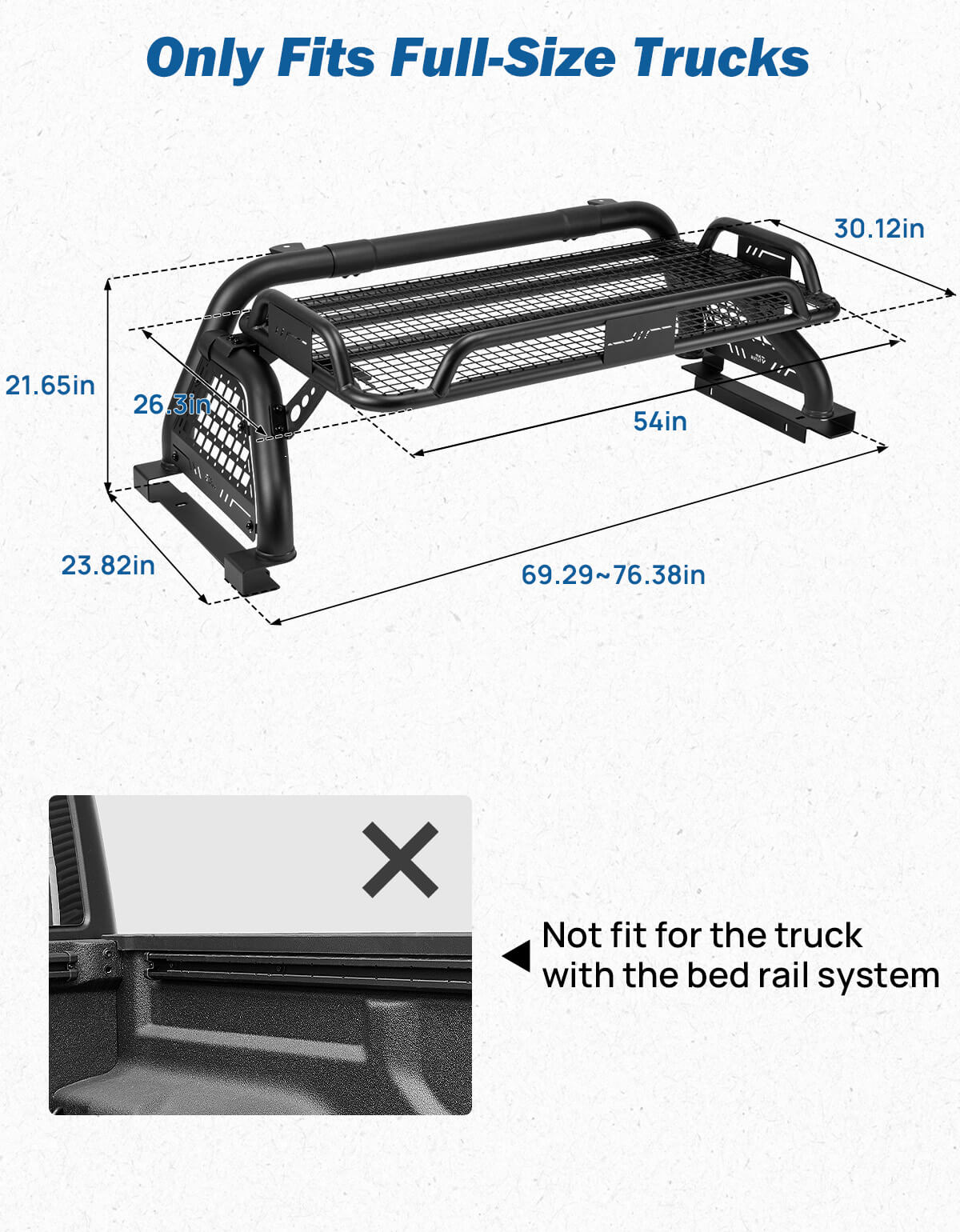 Roll Bar with Cargo Basket for Full-Size Trucks, Extendable Chase Rack