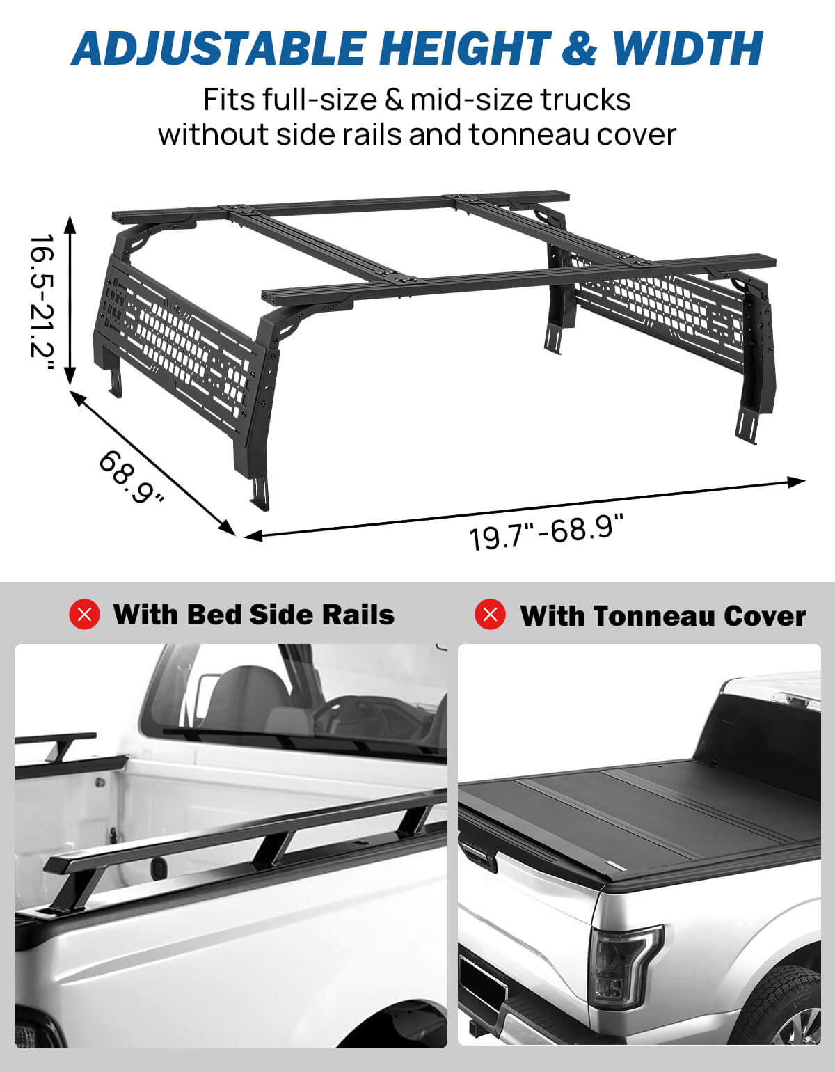 Adjustable 16.5–21.2" Truck Bed Rack for Full & Mid-Size Pickups