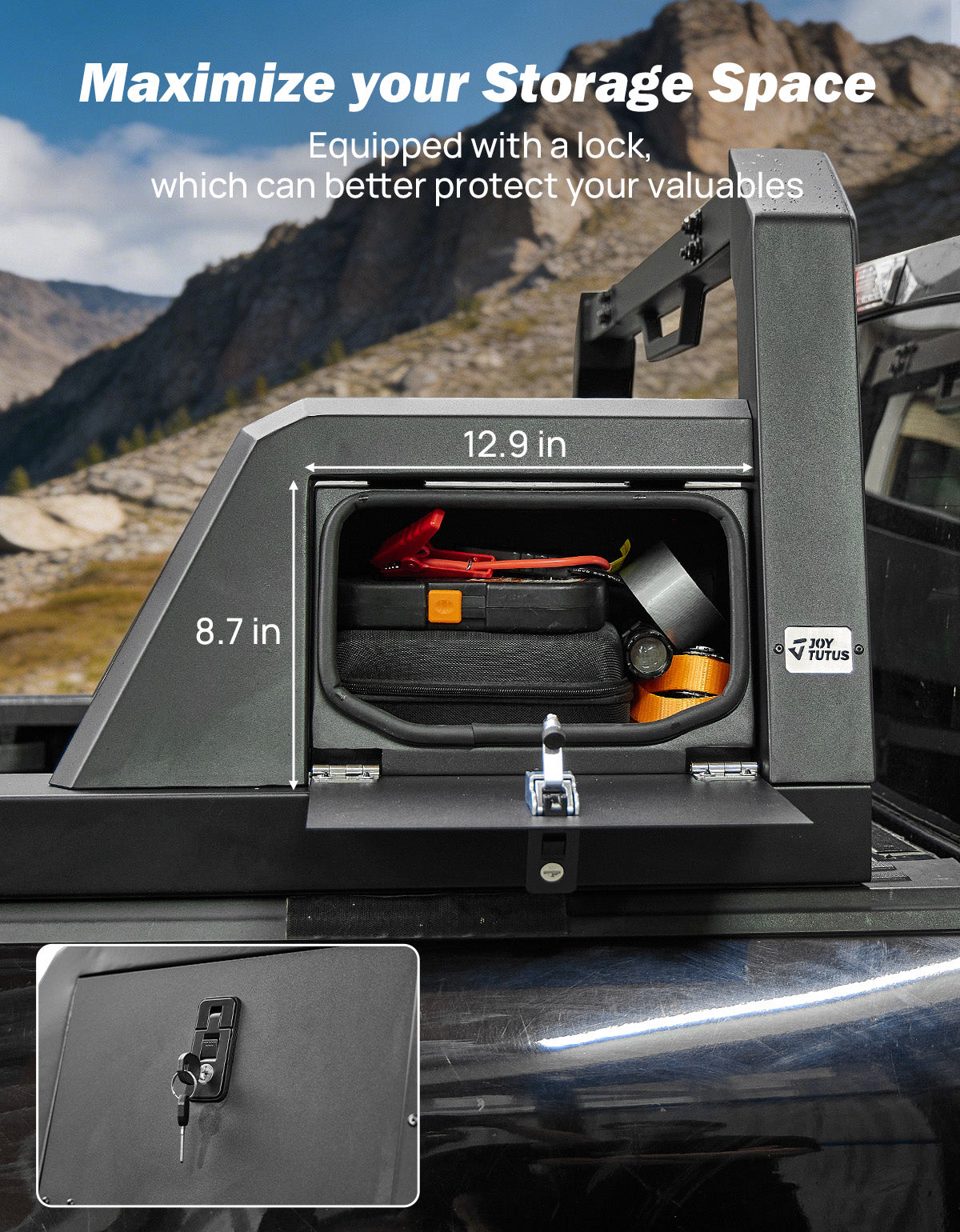 Roll Bar with Lockable Storage Boxes for Full-Size Trucks – Compatible with F150, Silverado, Ram & Tundra