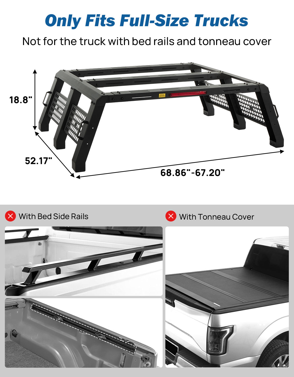 18.8" Full-Size Overland Truck Bed Rack with LED Brake Light