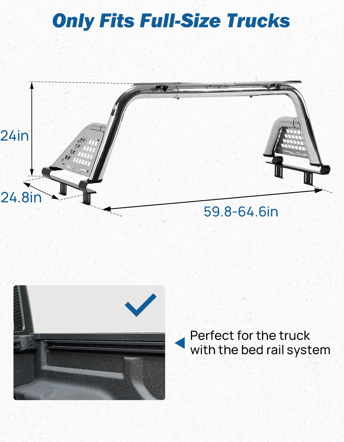 Stainless Steel Roll Bar for Full-Size Trucks – Compatible with F150, Silverado, Ram & Tundra