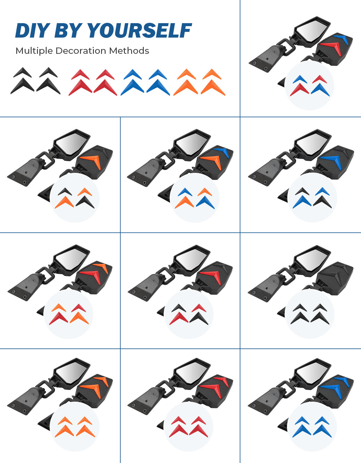 Wrangler Side Mirrors Doors Off Compatible with Wrangler JK TJ 1997-2018, No Vibrate & Wobble Side View Mirror with Black Orange Blue Red Inserts for Doors Off Driving(Not Fit JL)