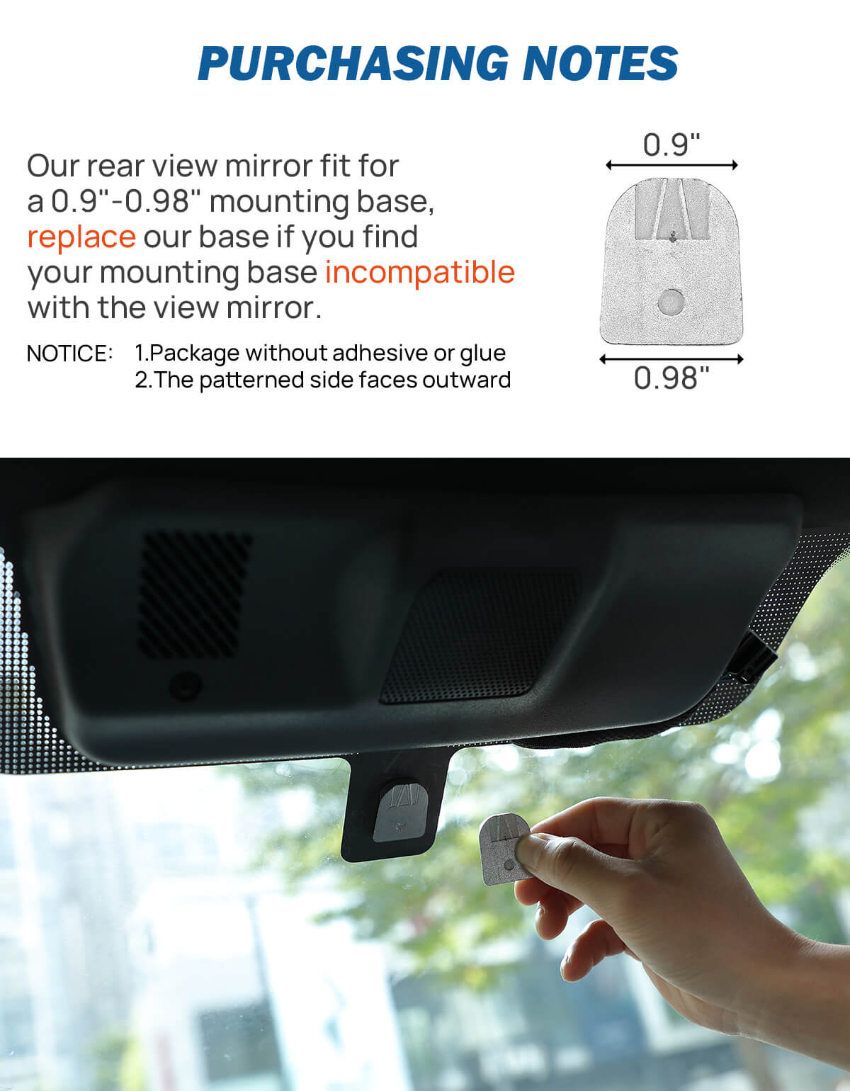 Car rearview mirror with mounting base compatibility information displayed.
