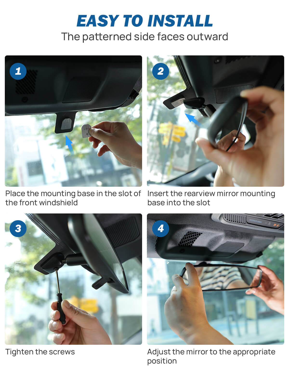 Step-by-step guide on how to install a car rearview mirror with labeled actions.