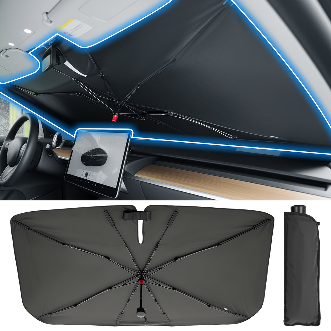 JOYTUTUS Windshield Sunshade Umbrella, Automotive Interior Sun Protection, Titanium Silver-Plated Coating Protect Car from Sun Rays & Heat Damage and Keep Cool, Spring Structure Edge (57" L x 32" W)