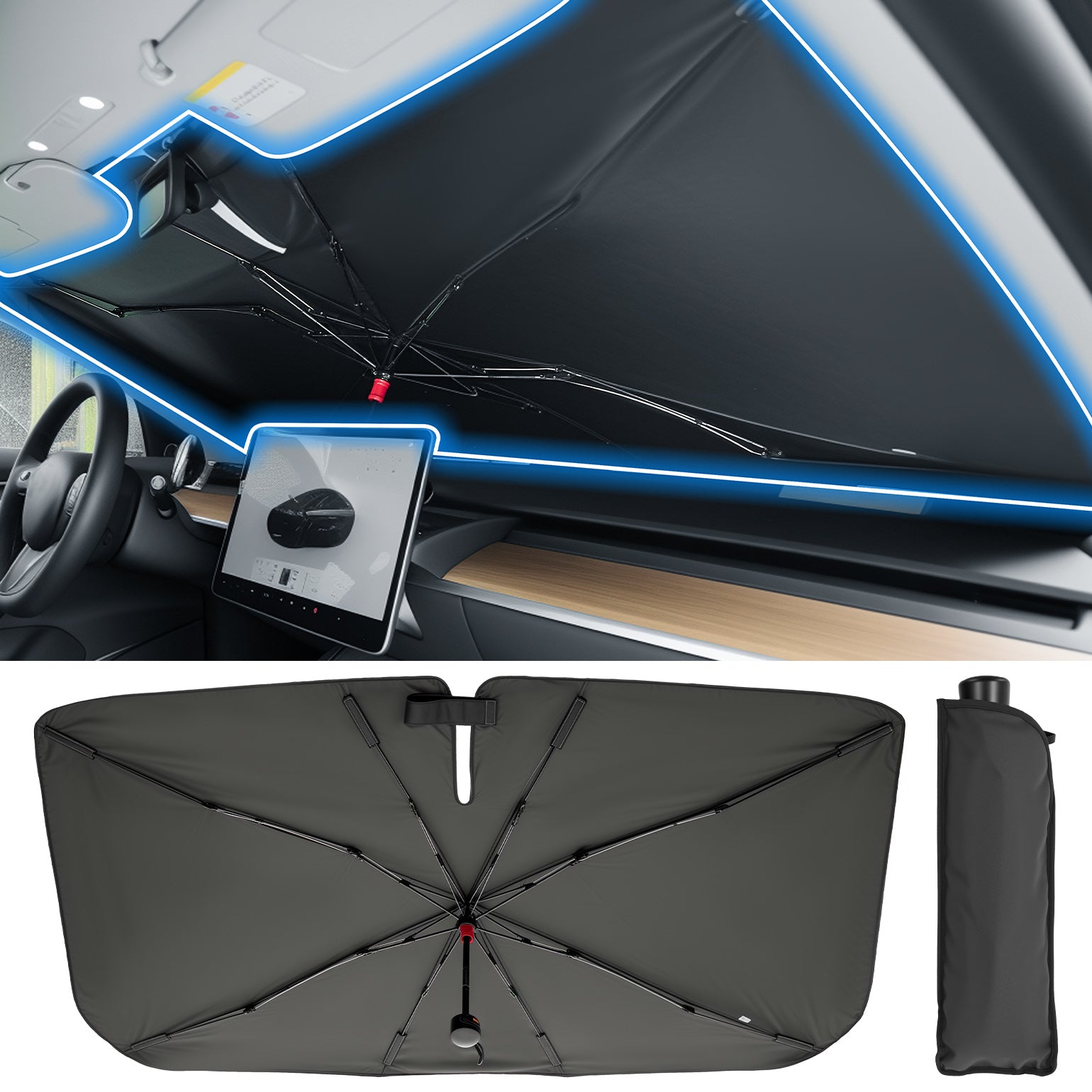 JOYTUTUS Windshield Sunshade Umbrella, Automotive Interior Sun Protection, Titanium Silver-Plated Coating Protect Car from Sun Rays & Heat Damage and Keep Cool, Spring Structure Edge (57" L x 32" W)
