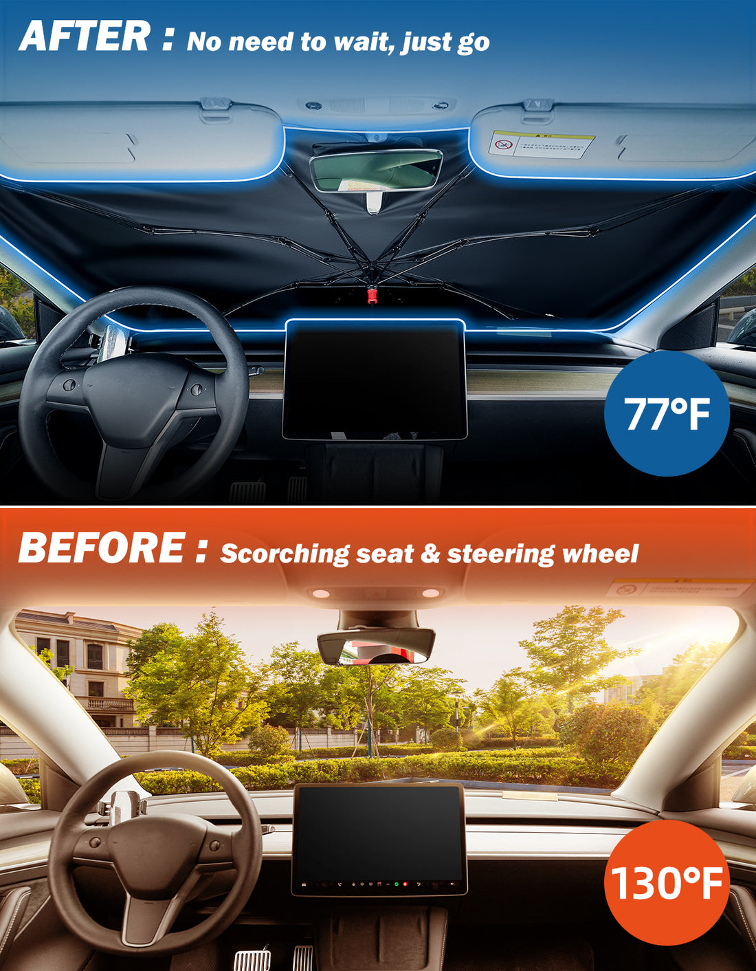 JOYTUTUS Windshield Sunshade Umbrella, Automotive Interior Sun Protection, Titanium Silver-Plated Coating Protect Car from Sun Rays & Heat Damage and Keep Cool, Spring Structure Edge (57" L x 32" W)