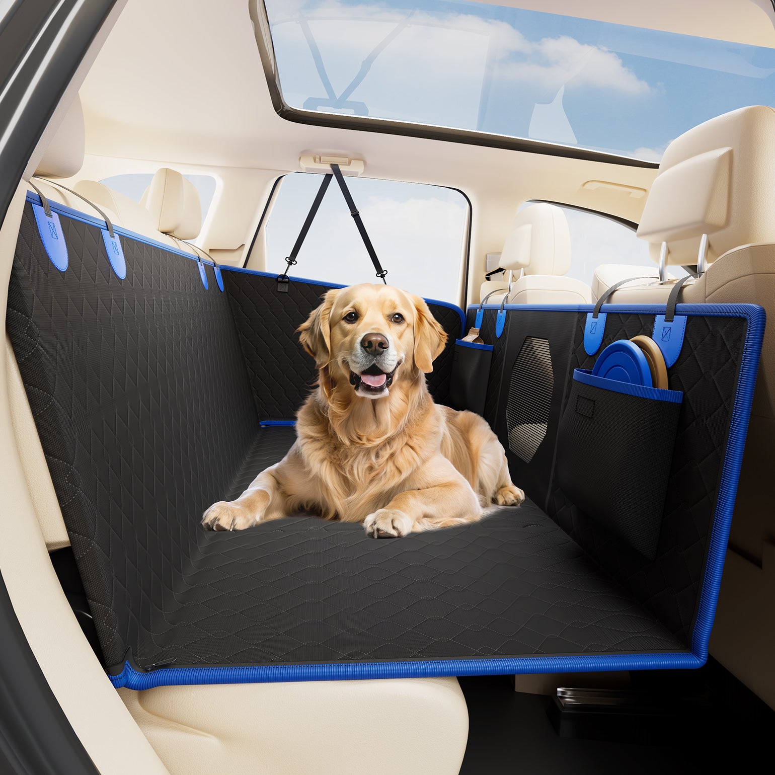 JOYTUTUS Dog Car Seat Cover for Back Seat with Hard Bottom, Back Seat Extender for Dogs Supports 400lb, Back Seat Pet Cover with Mesh Window, Dog Travel Bed Waterproof Dog Hammock for Car Truck SUV