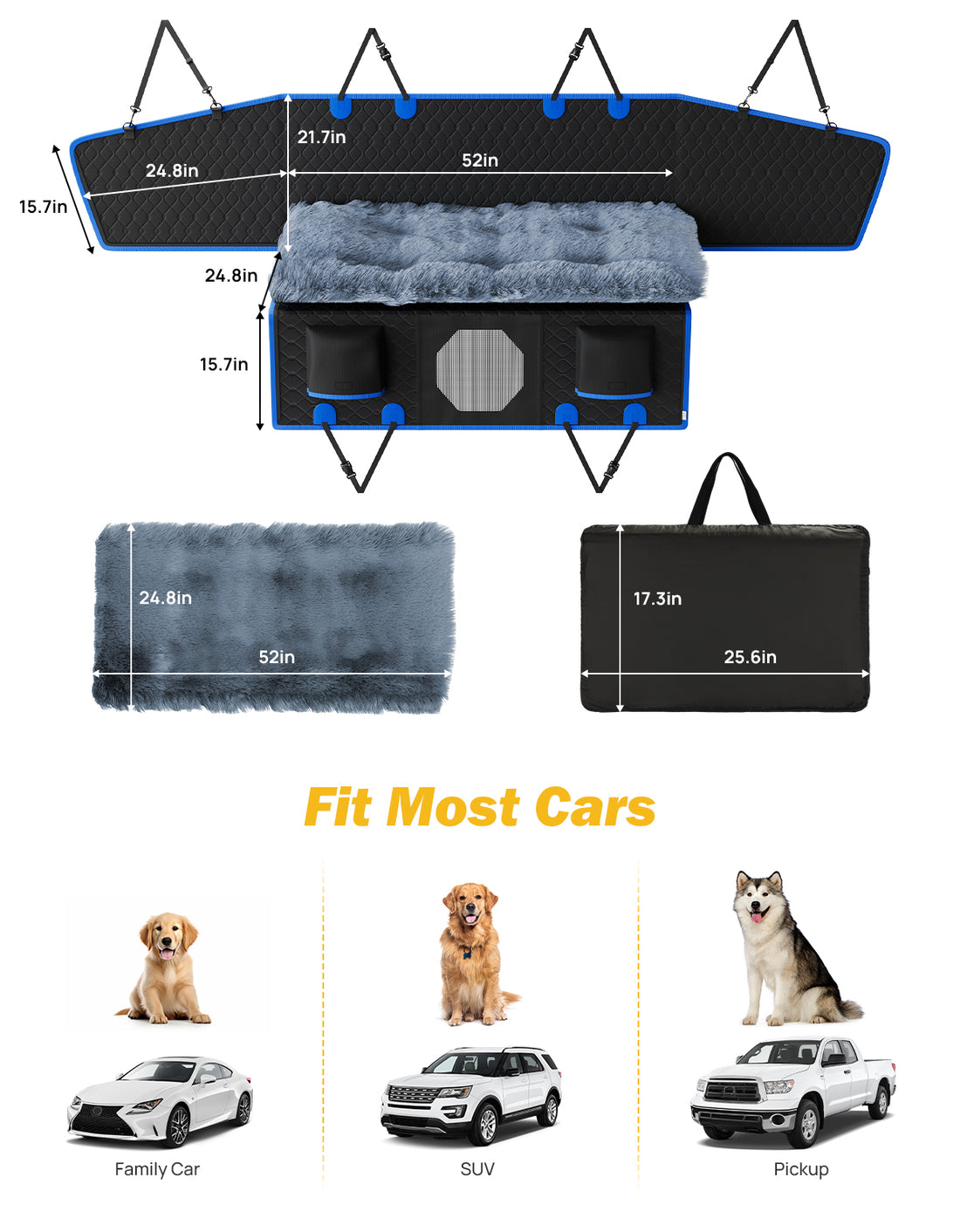 Back Seat Extender for Dogs with Removable Dog Blanket, Back Seat Extender for Dogs with Hard Bottom, Back Seat Pet Cover for Travel Waterproof Dog Hammock for Car SUV Truck