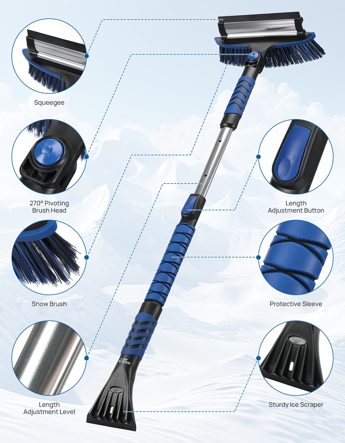 41.5″ Extendable Snow Brush and Ice Scraper, 270° Pivoting Snow Scraper Brush for Car Windshield
