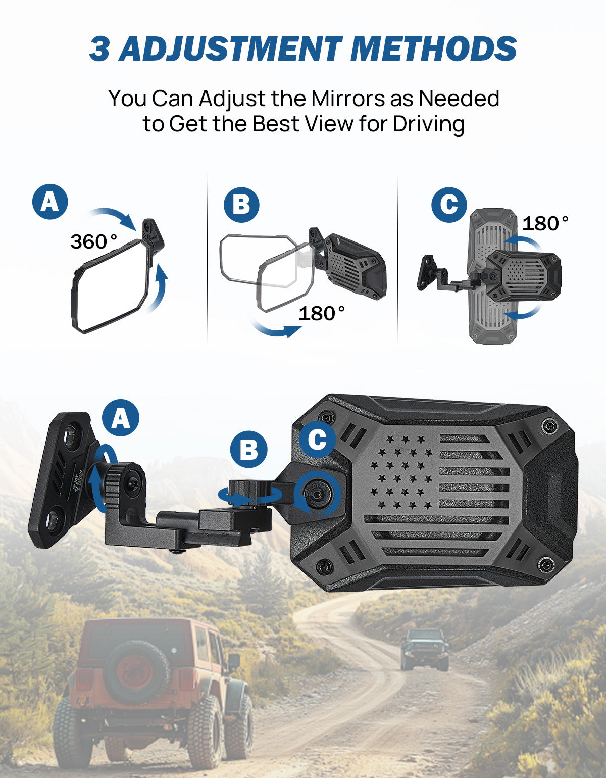 Adjustable Side Mirrors with Spot Light Mount for Wrangler TJ/JK/JKU 1997–2018