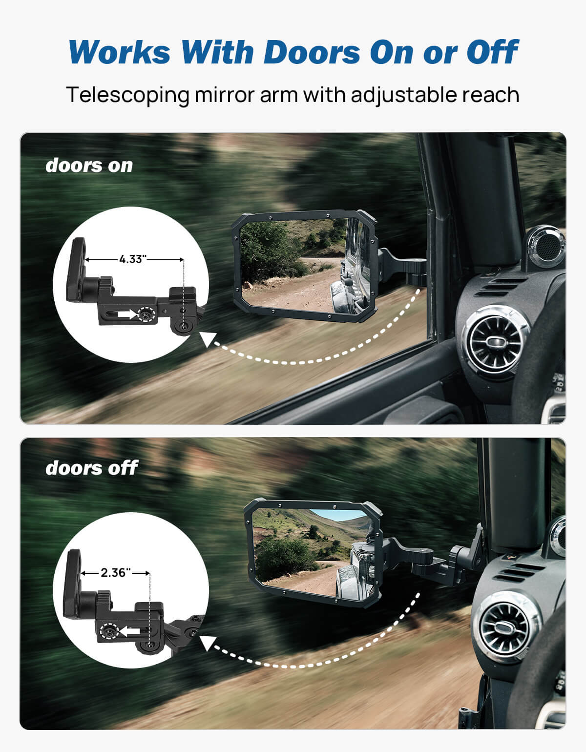 Wrangler Doors-Off/On Mirrors with Integrated Spot Light Mount for TJ/JK/JKU 1997–2018