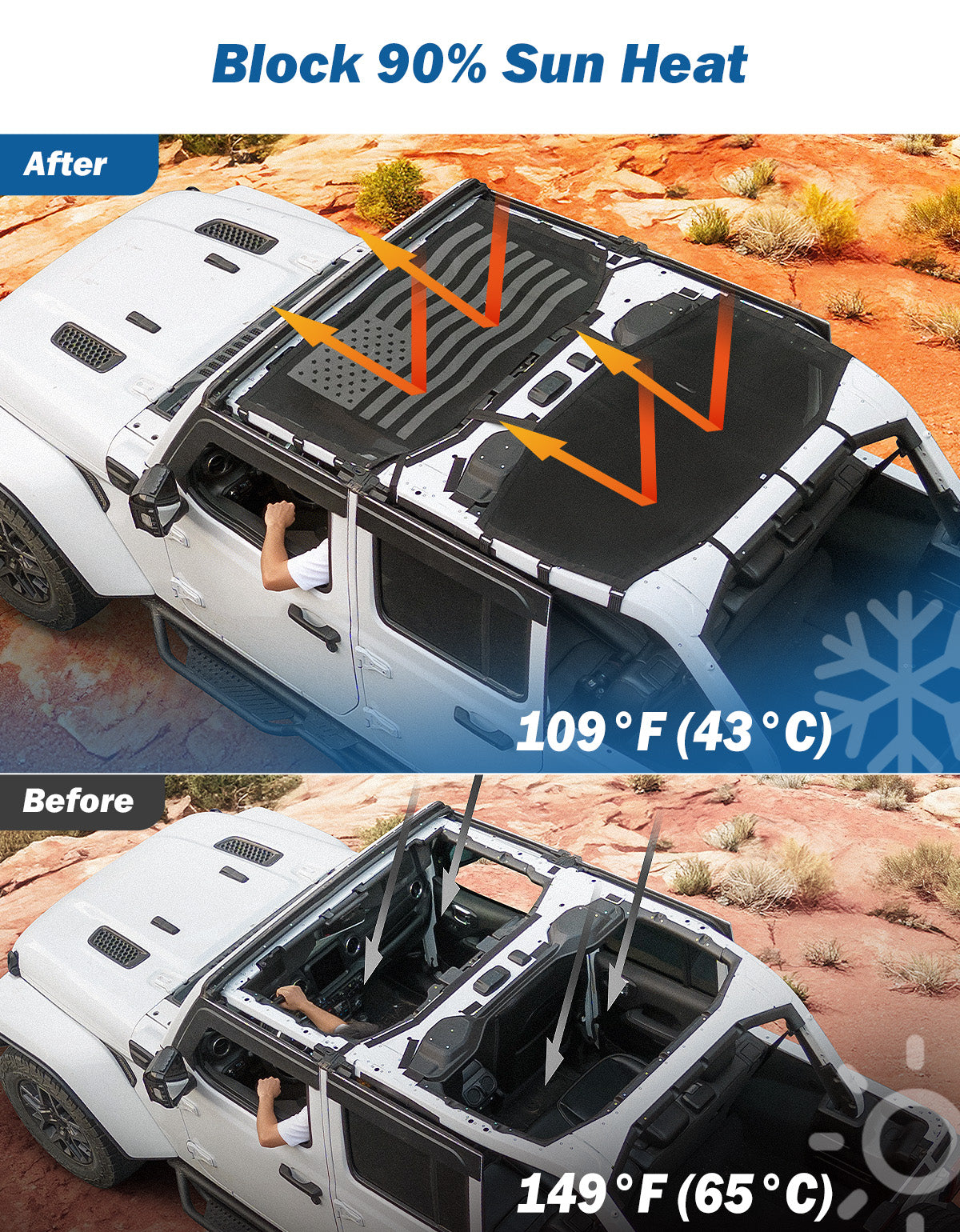 Jeep Wrangler JLU 4-Door (2018–2026) Mesh Sun Shade Top – Full Coverage, US Flag